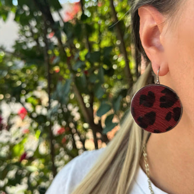 *Calfskin Round Earrings - Burgundy Leopard on Silver