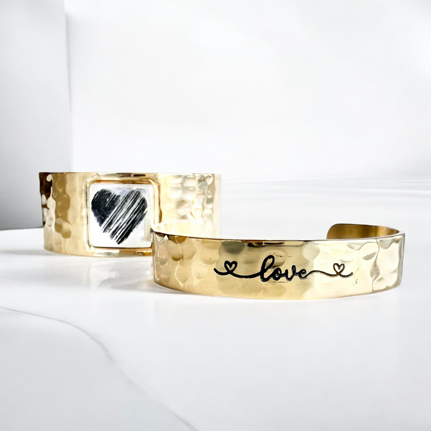 1.0 Square Cuff - Gold Cuff with Silver Engraved Etched Heart