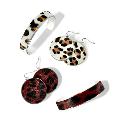 *Calfskin Round Earrings - Burgundy Leopard on Silver