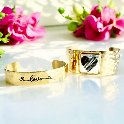 1.0 Square Cuff - Gold Cuff with Silver Engraved Etched Heart