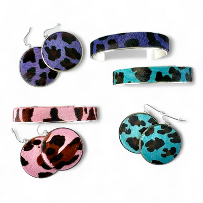 Calfskin Round Earrings - Purple Leopard on Silver