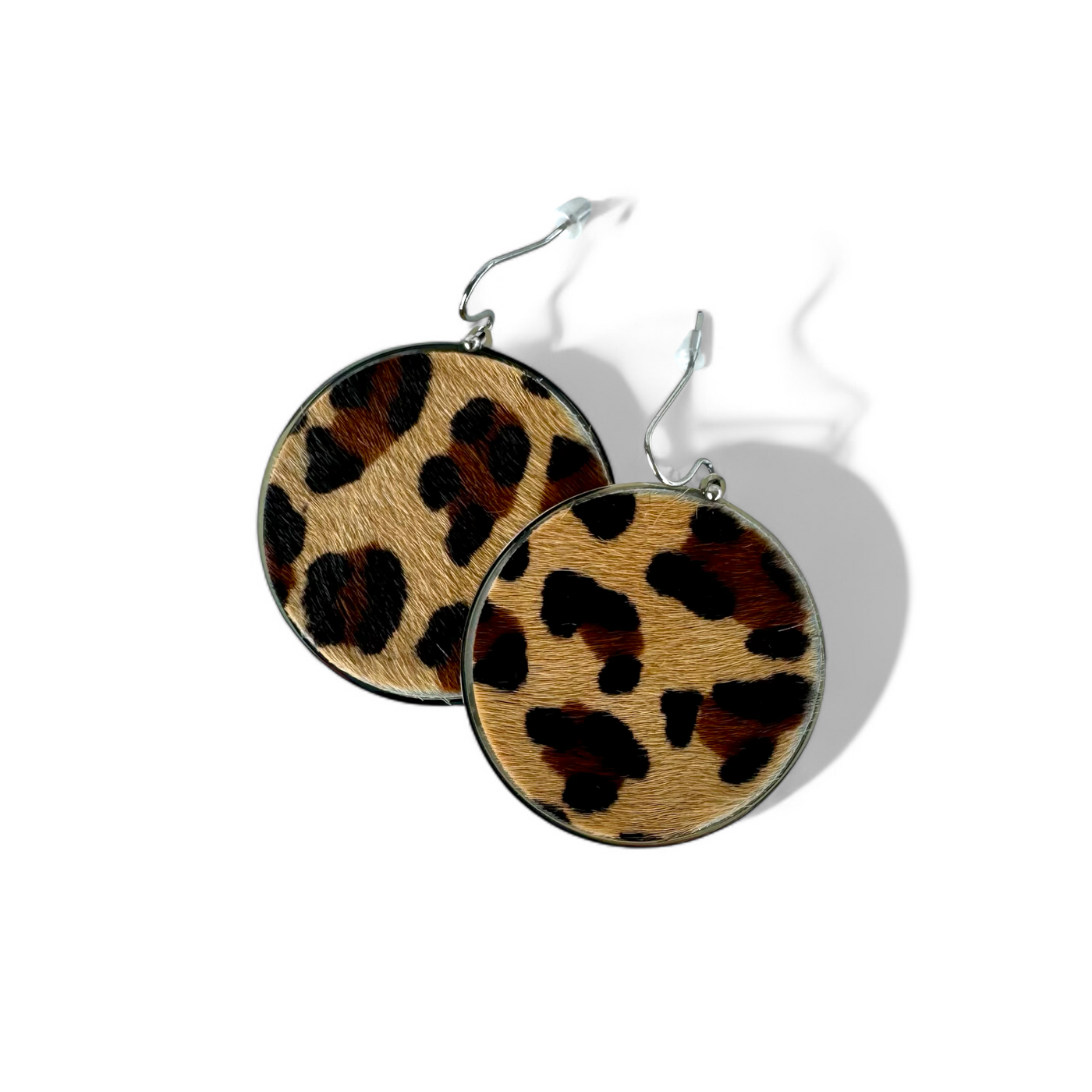 *Calfskin Round Earrings - Tan Leopard on Silver