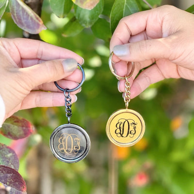 Circle Black Keychain - Custom Monogram Engraved in Vine Font