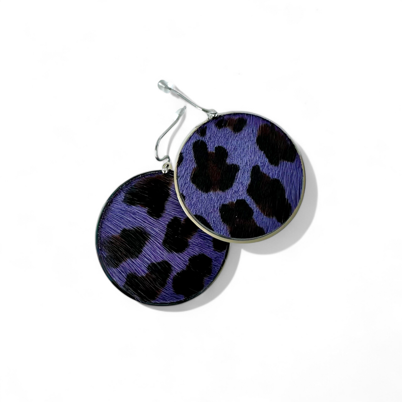 Calfskin Round Earrings - Purple Leopard on Silver