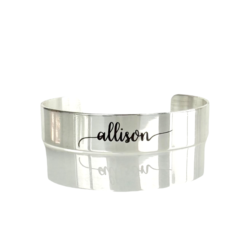 .5 Custom Engraved Silver Cuff - Lower Case Name in Pacifico Font