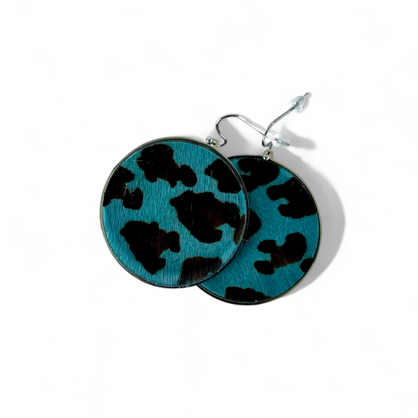 *Calfskin Round Earrings - Turquoise Leopard on Silver