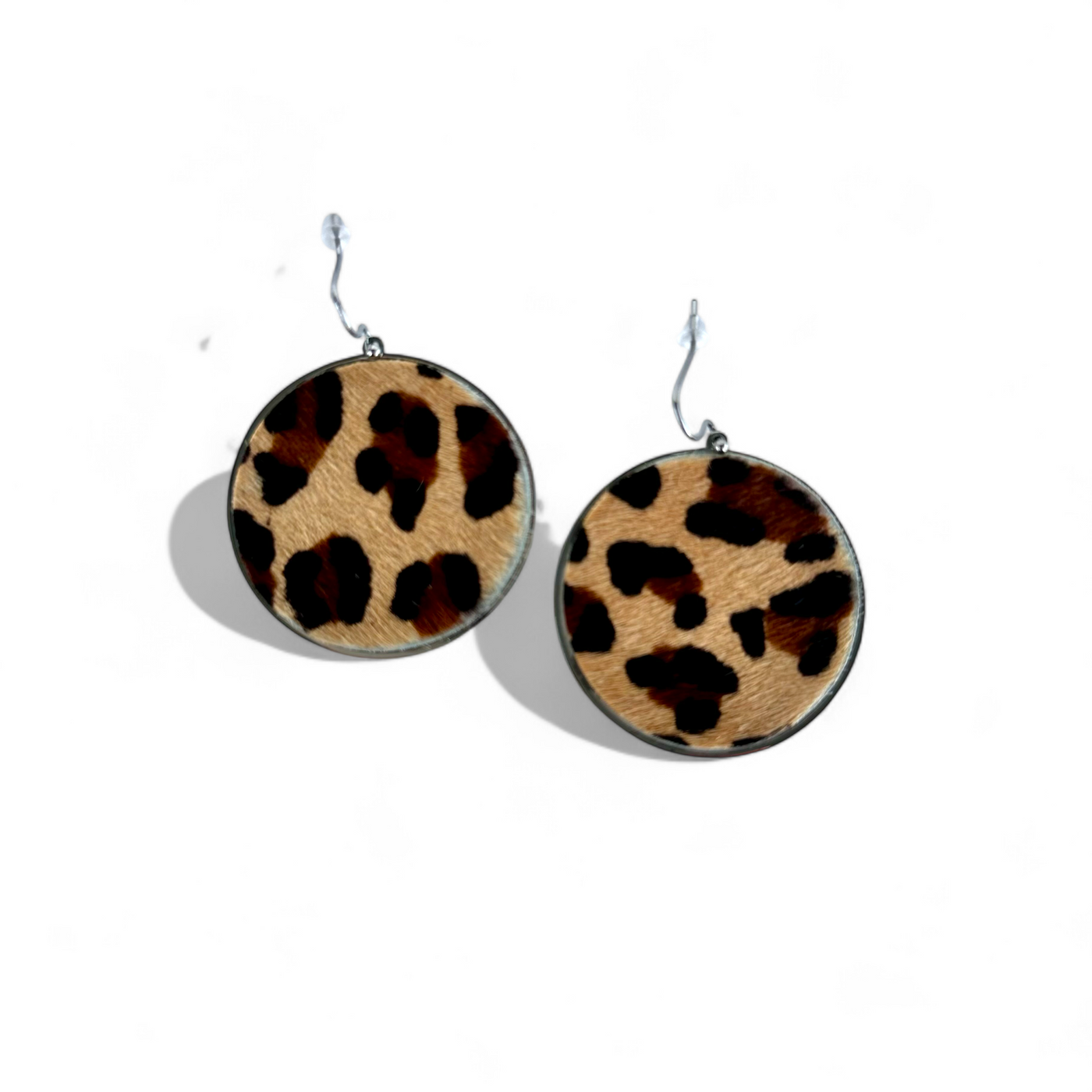 Calfskin Round Earrings - Tan Leopard on Silver