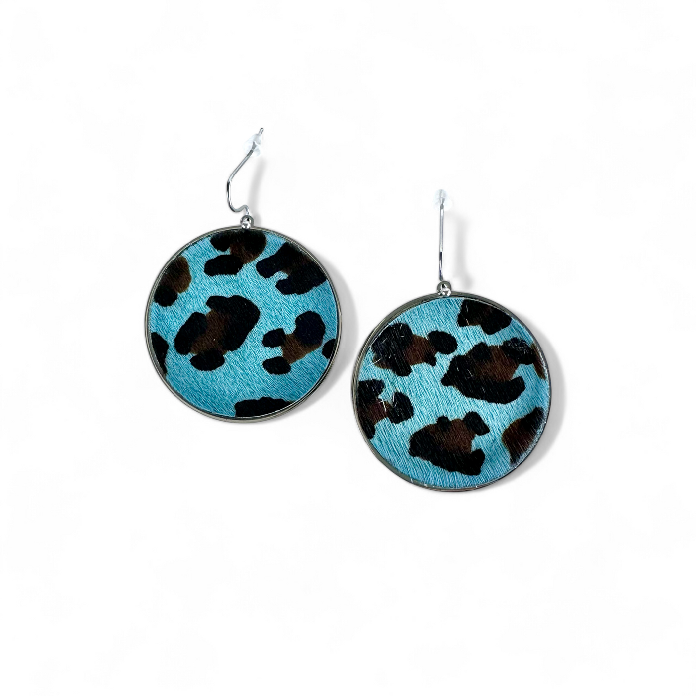 Calfskin Round Earrings - Turquoise Leopard on Silver