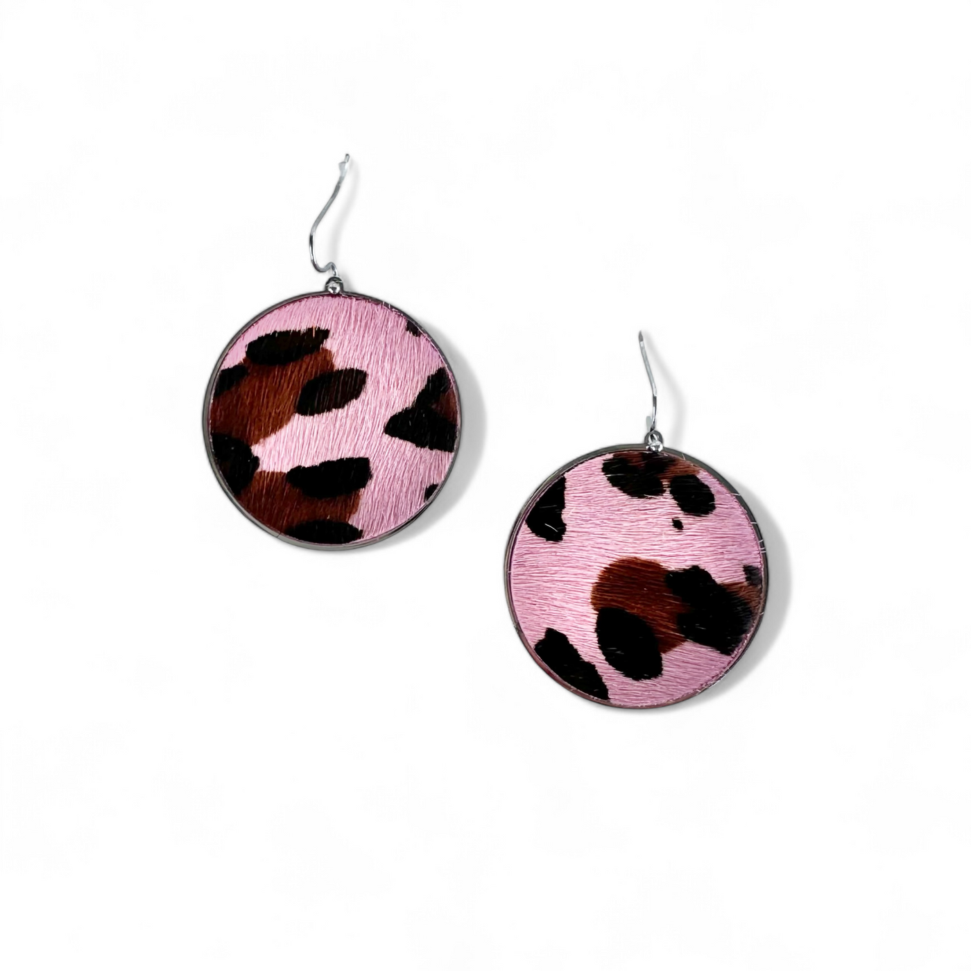 Calfskin Round Earrings - Pink Leopard on Silver