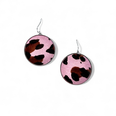 Calfskin Round Earrings - Pink Leopard on Silver