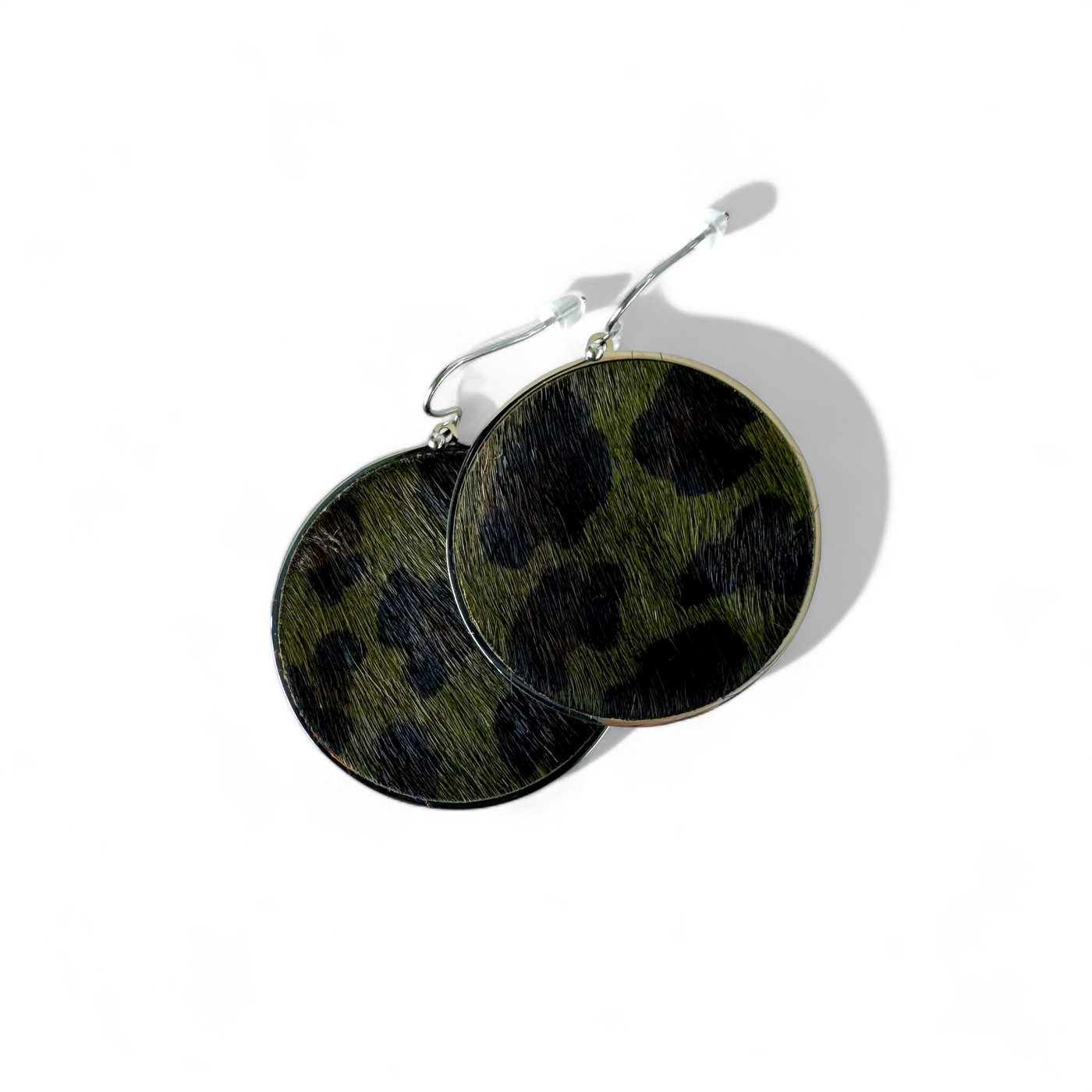 *Calfskin Round Earrings - Green Leopard on Silver