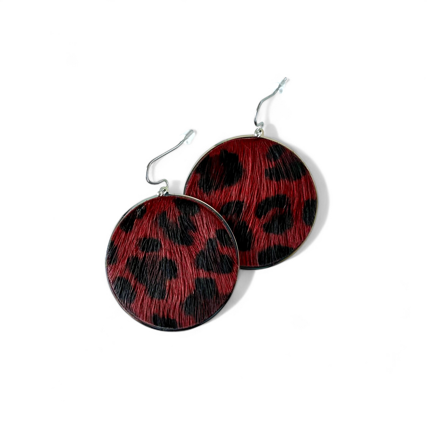 *Calfskin Round Earrings - Burgundy Leopard on Silver