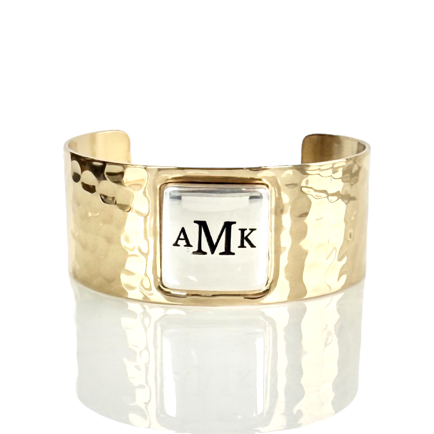 Monogram Square Cuff - Gold Cuff with Silver Engraved Square - Garamond Font