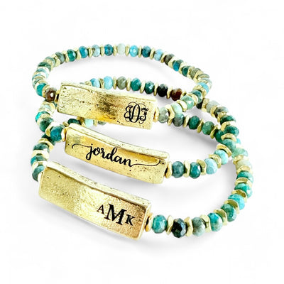 Tessa Engraved Gold Plate with Aventurine Blues - Monogram in Vine Font