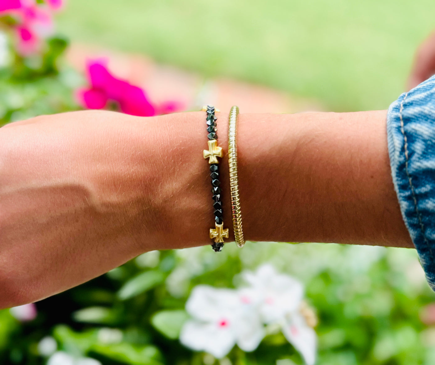 Annette Cross Bracelet - Hematite with Gold