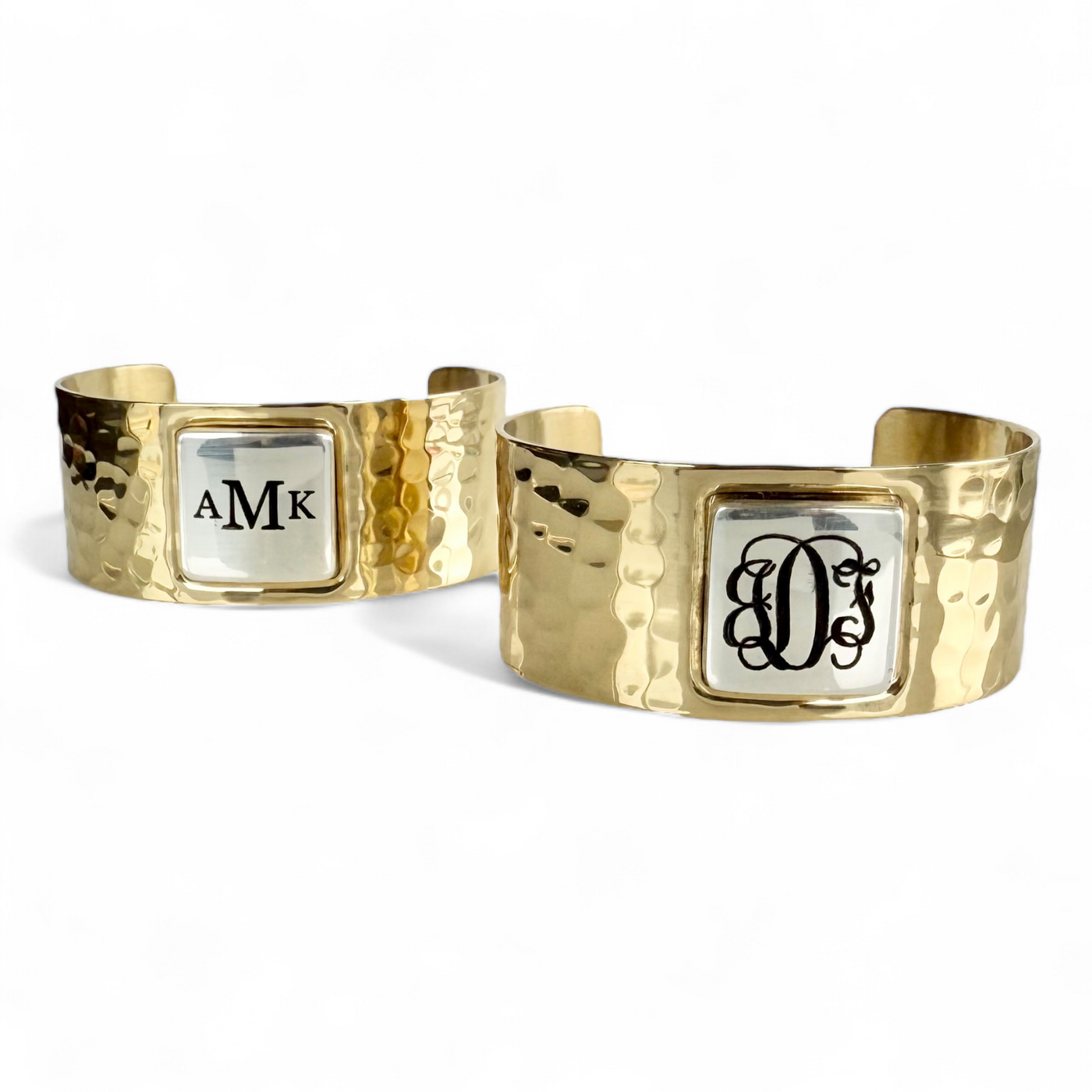 Monogram Square Cuff - Gold Cuff with Silver Engraved Square - Garamond Font