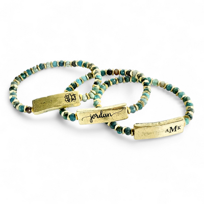 Tessa Engraved Gold Plate with Aventurine Blues - Monogram in Vine Font