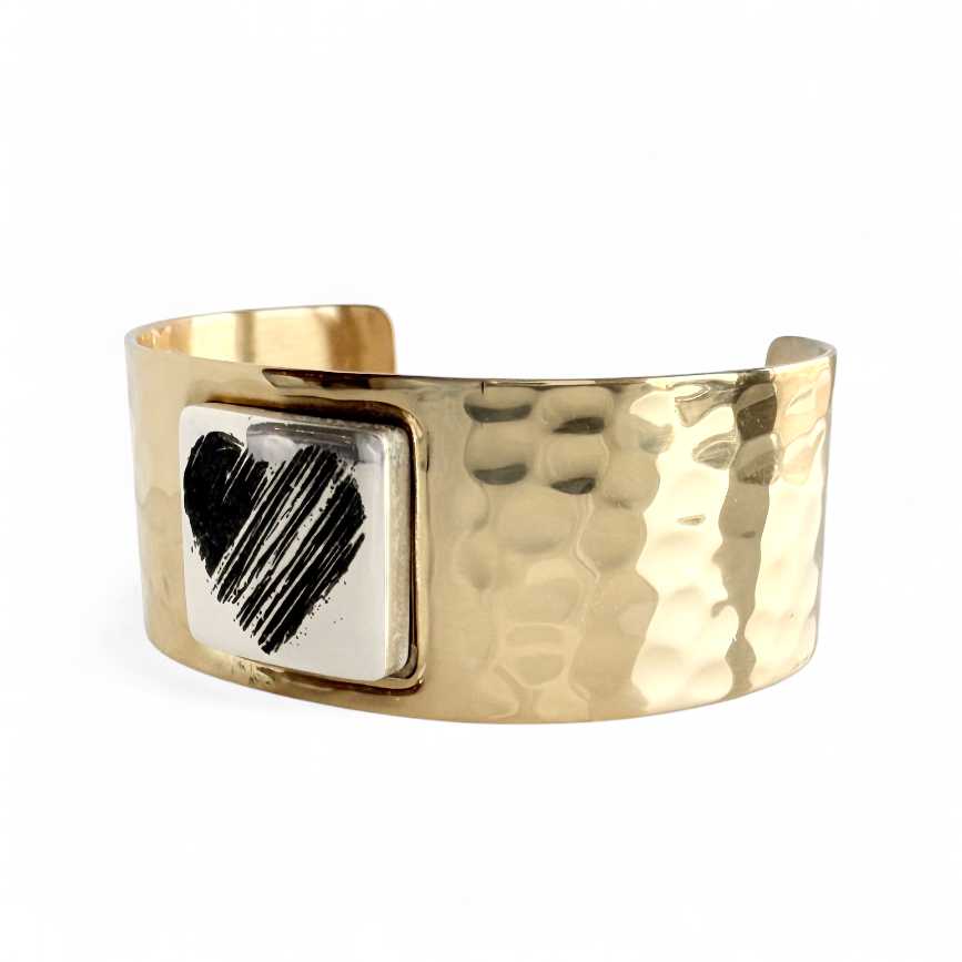 1.0 Square Cuff - Gold Cuff with Silver Engraved Etched Heart