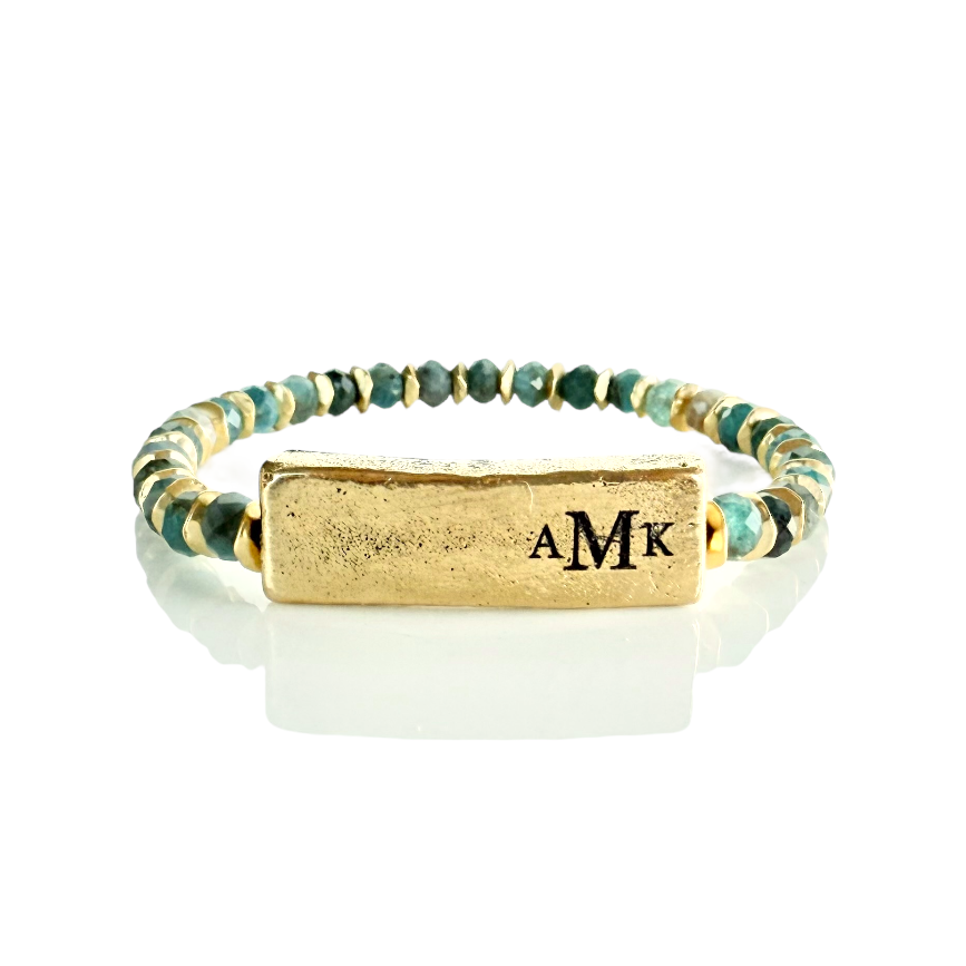 Tessa Engraved Gold Plate with Aventurine Blues - Monogram in Garamond Font