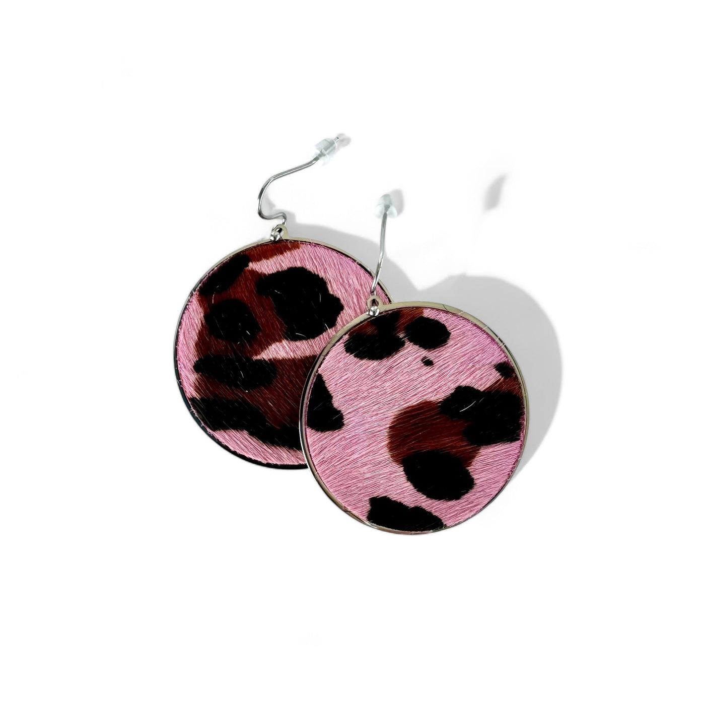 *Calfskin Round Earrings - Pink Leopard on Silver