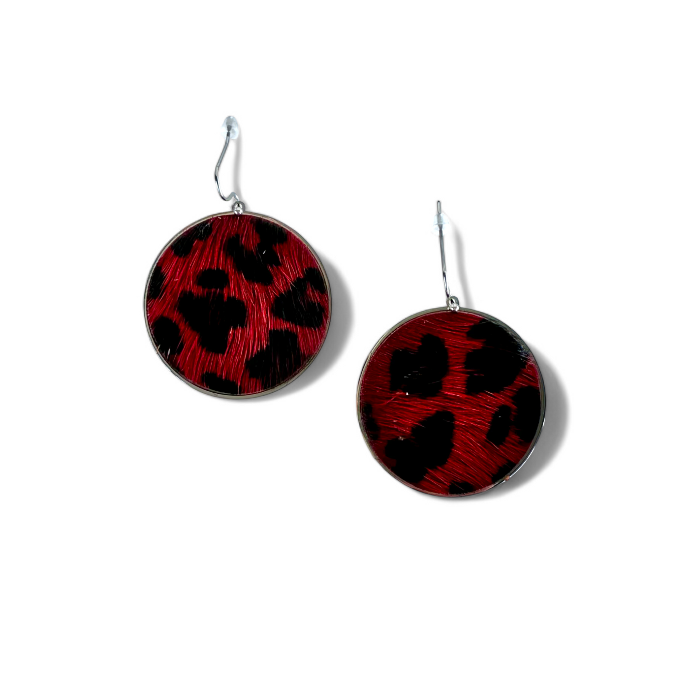 *Calfskin Round Earrings - Burgundy Leopard on Silver