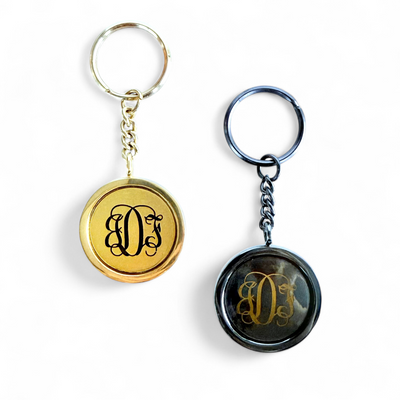 Circle Black Keychain - Custom Monogram Engraved in Vine Font