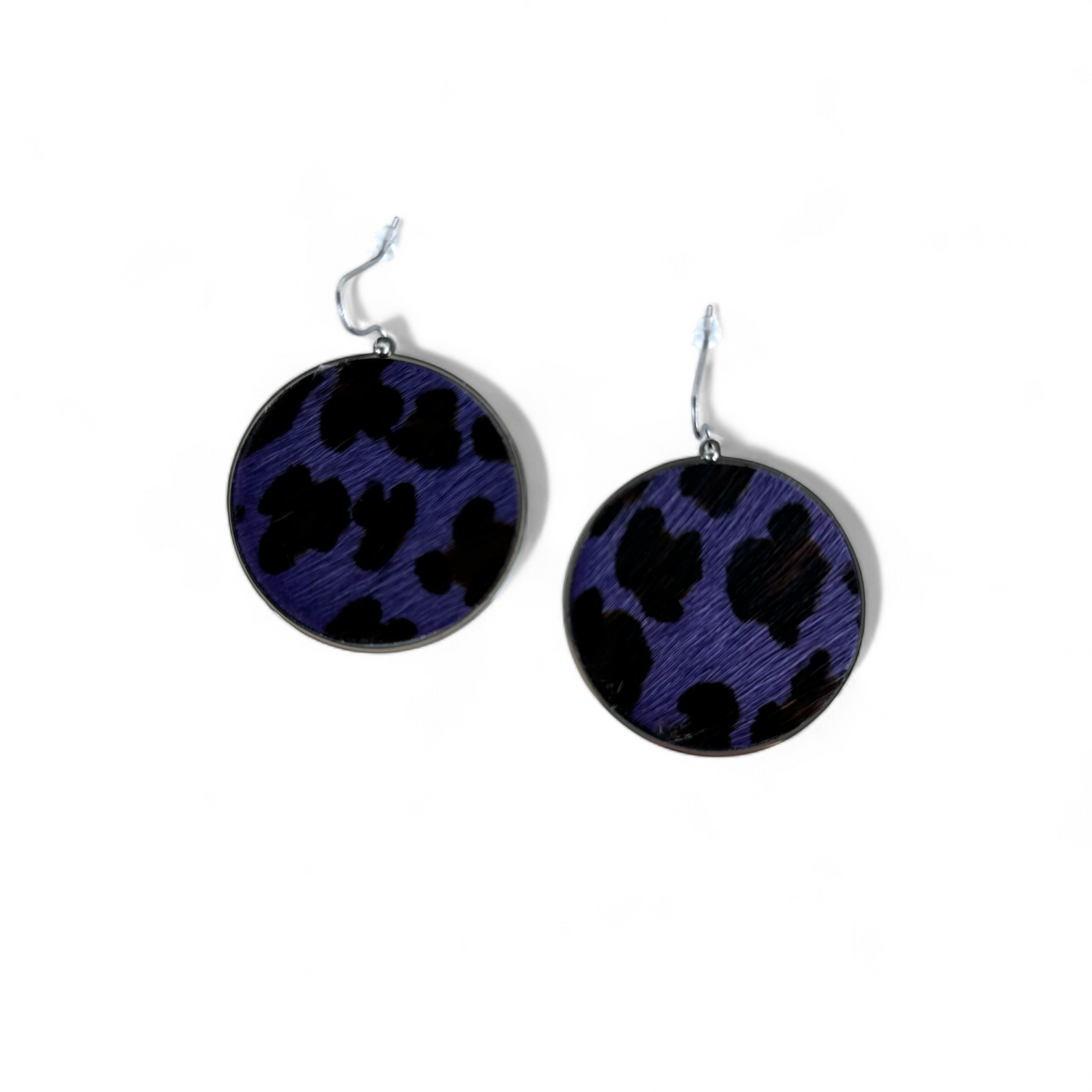 *Calfskin Round Earrings - Purple Leopard on Silver