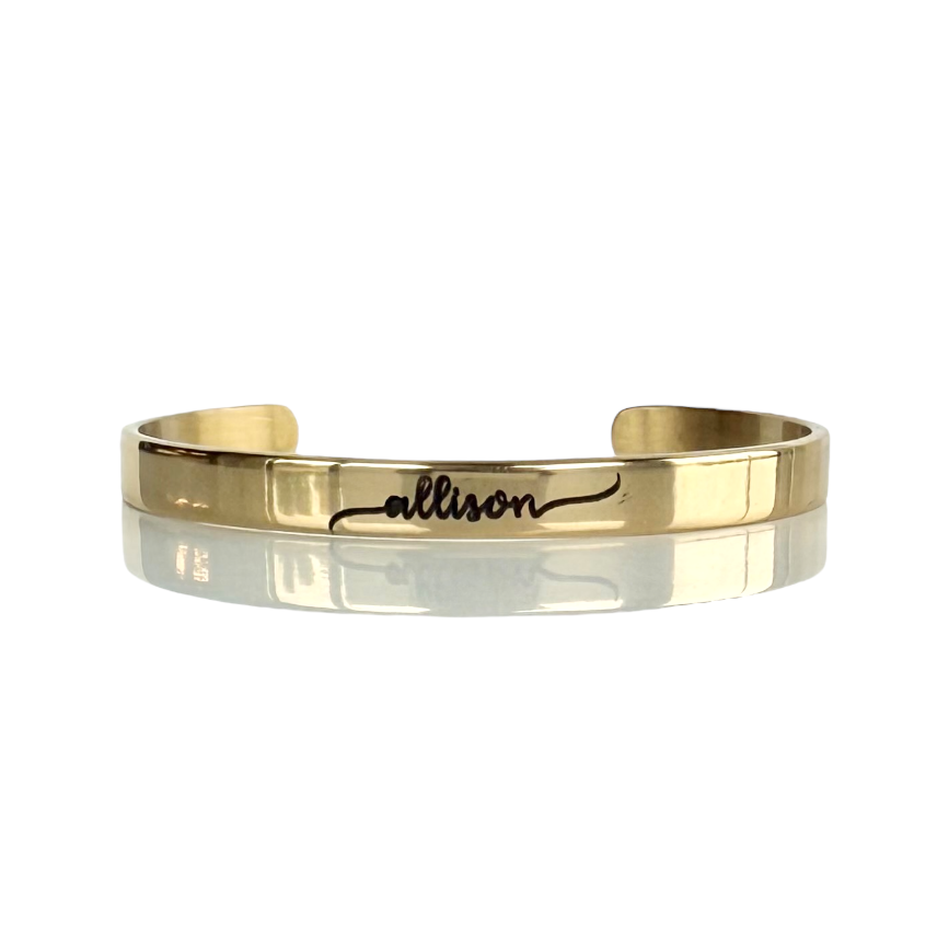 .25 Custom Engraved Gold Cuff - Lowercase Name in Pacifico Font