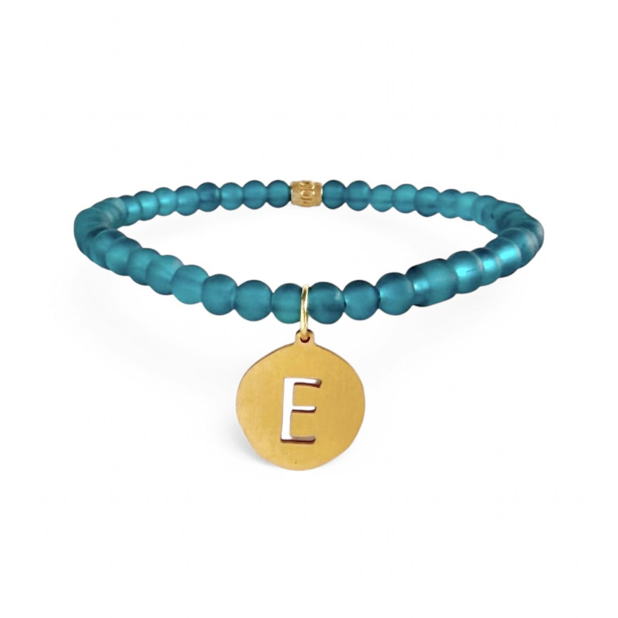 Kimbo- Single Cutout Initial Gold Charm - Deep Turquoise