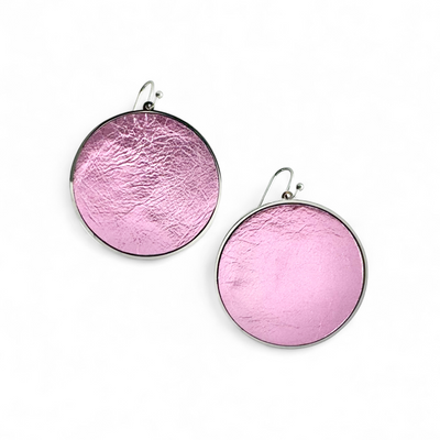 *Lambskin Round Earrings - Pastel Pink Metallic on Silver