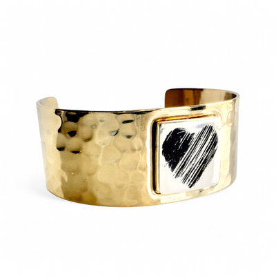 1.0 Square Cuff - Gold Cuff with Silver Engraved Etched Heart