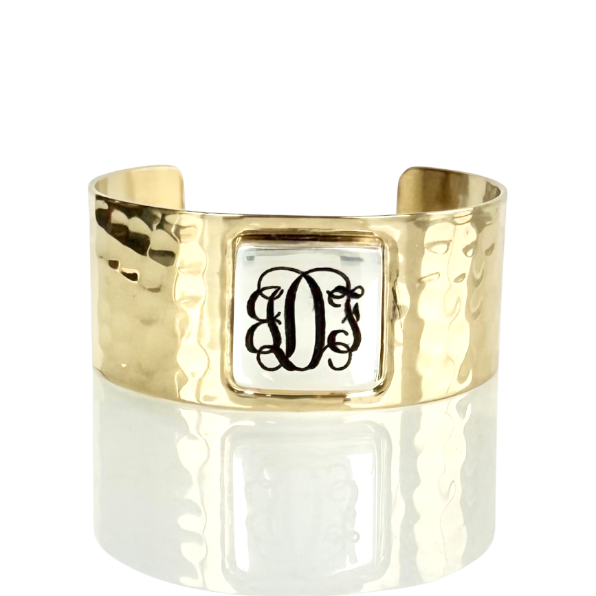 1.0 Monogram Square Cuff - Gold Cuff with Silver Engraved Square - Vine Font