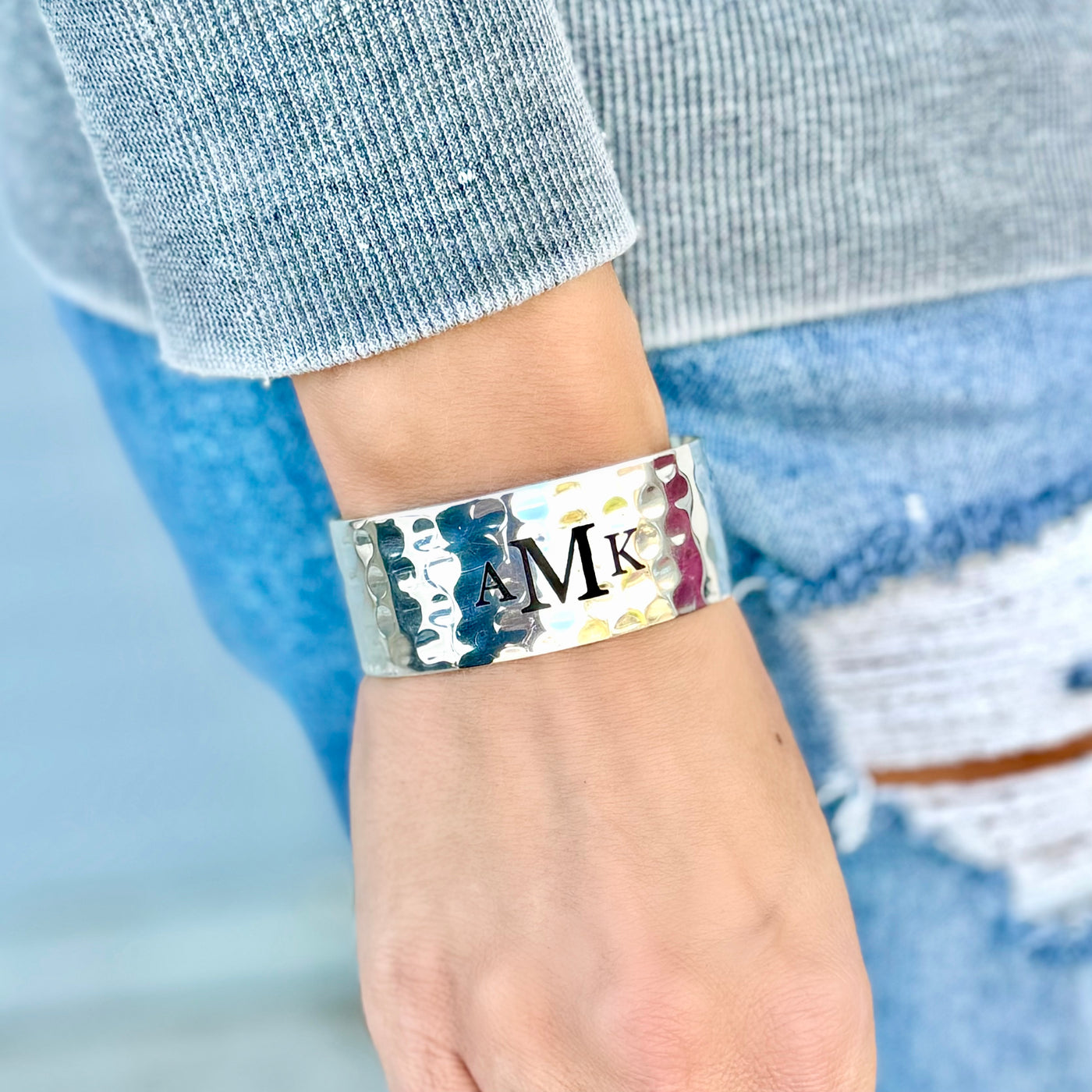 1.0 Custom Engraved Monogram Silver Cuff - Garamond Font