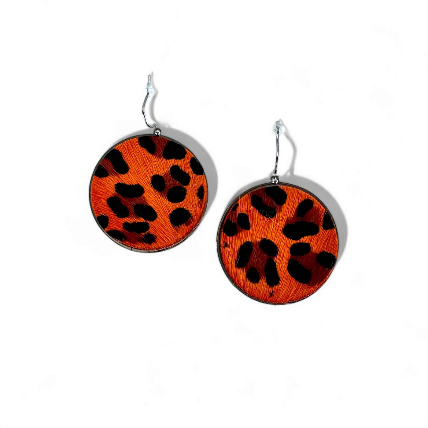 Calfskin Round Earrings - Orange Leopard on Silver