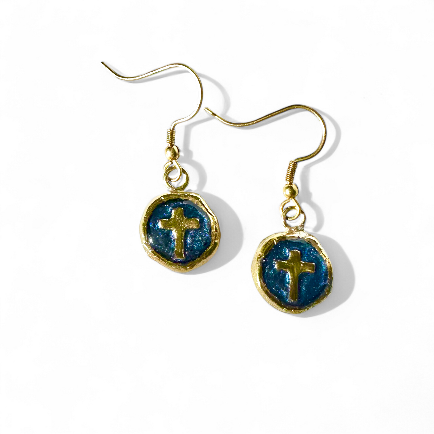 Constantina Coin Cross Earrings - Metallic Navy