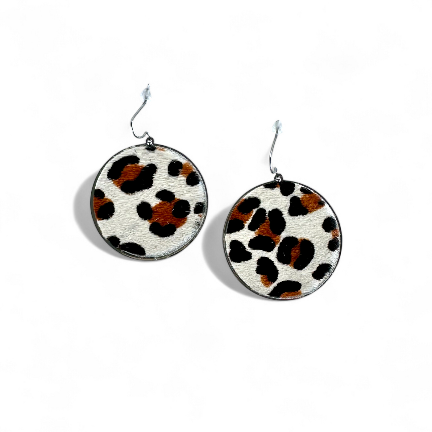 Calfskin Round Earrings - White Leopard on Silver