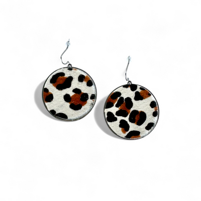 *Calfskin Round Earrings - White Leopard on Silver