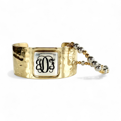 1.0 Monogram Square Cuff - Gold Cuff with Silver Engraved Square - Vine Font