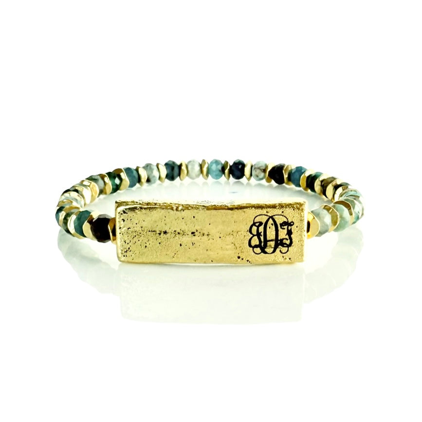 Tessa Engraved Gold Plate with Aventurine Blues - Monogram in Vine Font