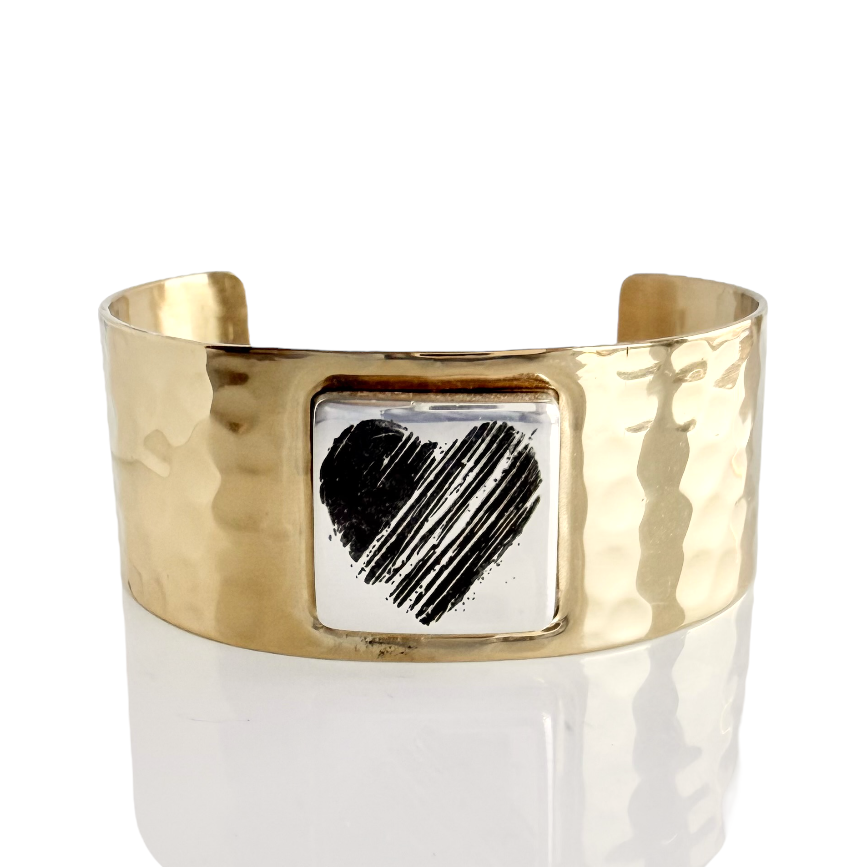 1.0 Square Cuff - Gold Cuff with Silver Engraved Etched Heart