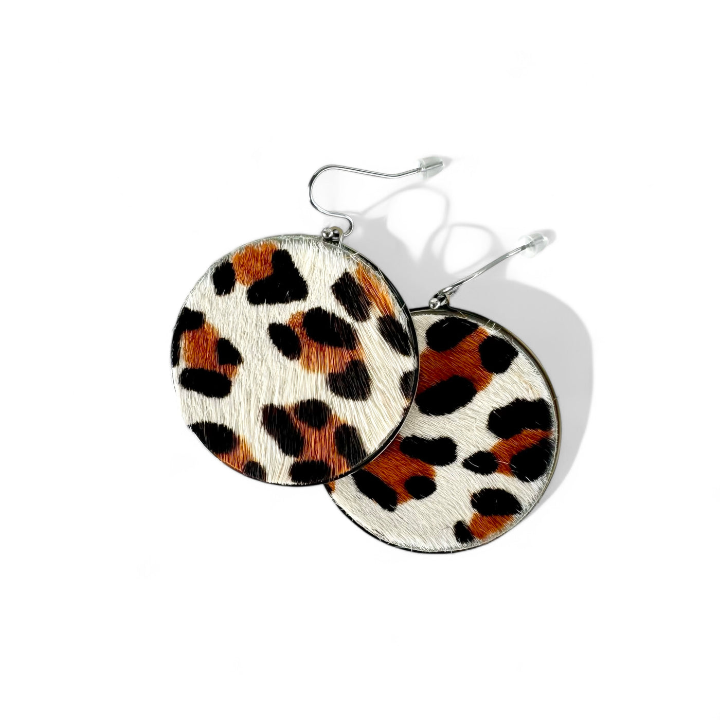 Calfskin Round Earrings - White Leopard on Silver