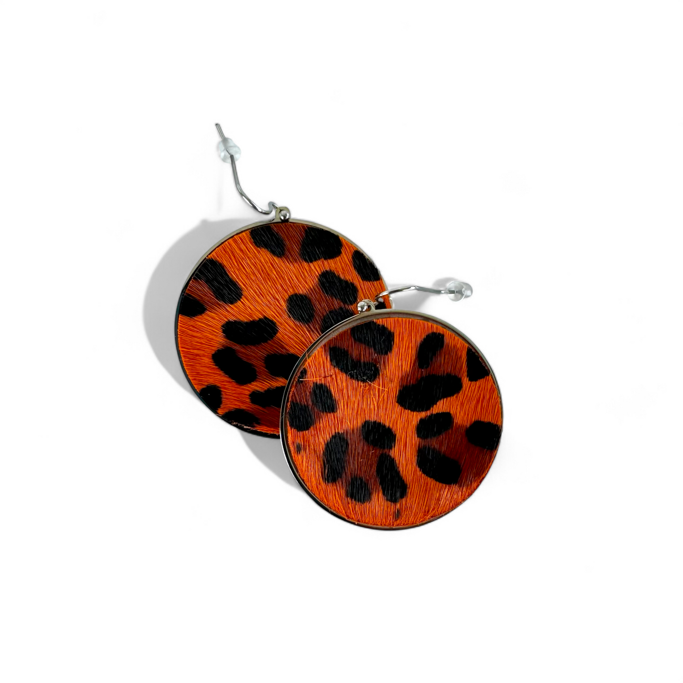 *Calfskin Round Earrings - Orange Leopard on Silver