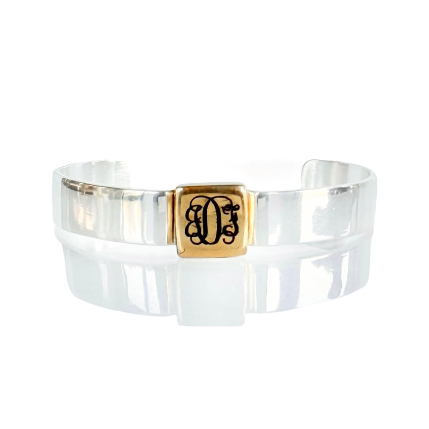 .5 Monogram Square Cuff - Silver Cuff with Gold Engraved Square - Vine Font