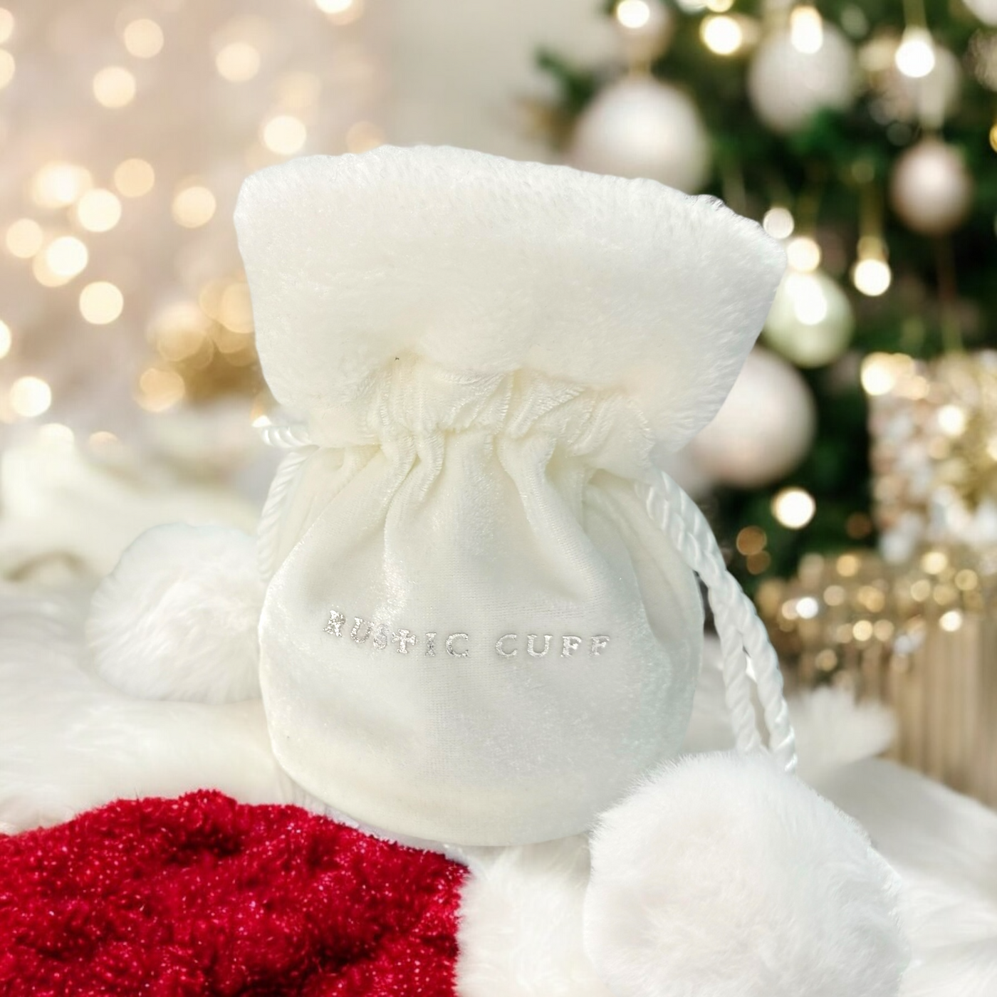 Santa Gift Pouch- White with Silver Rustic Cuff