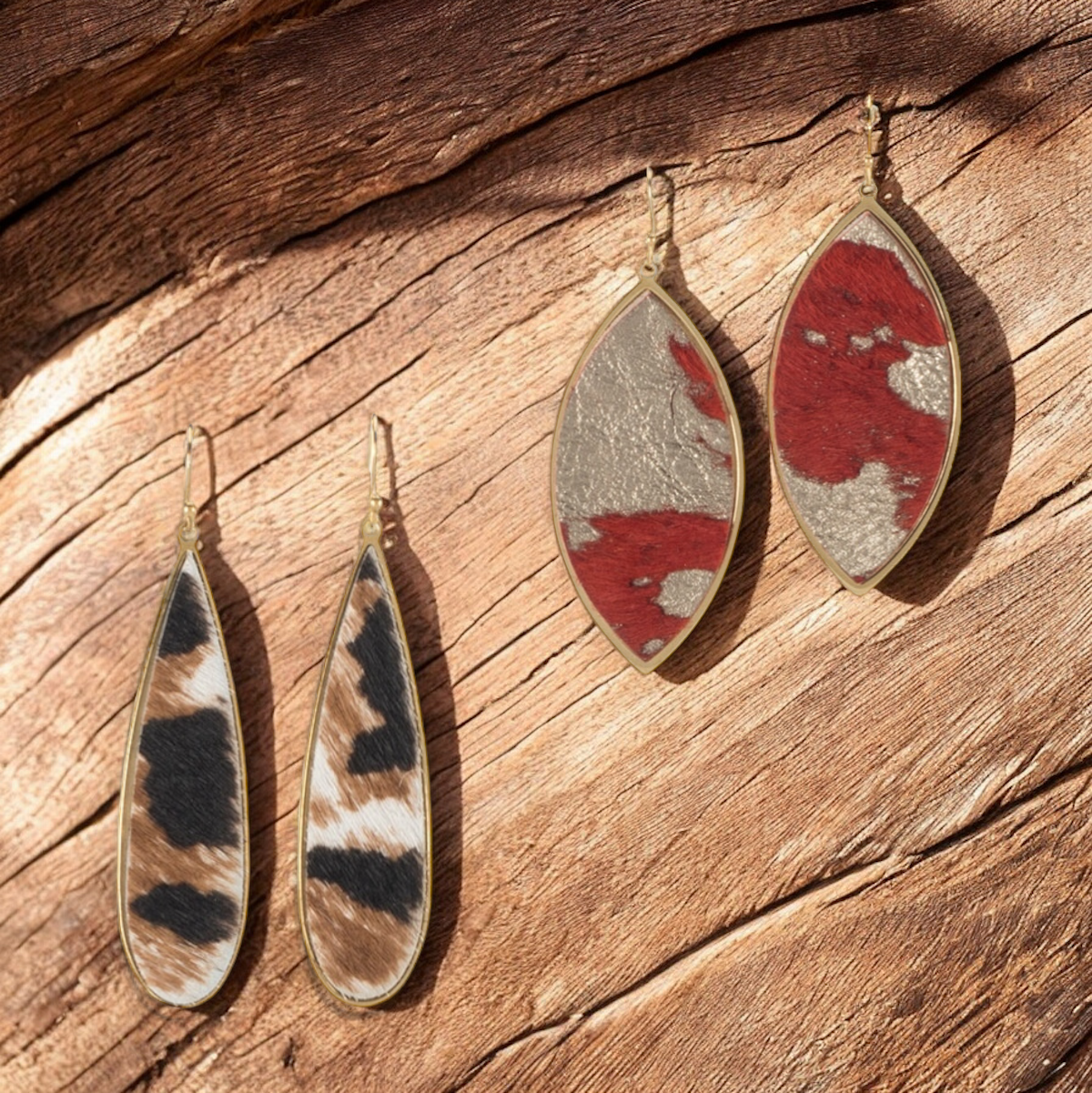 *Calfskin Mini Tear Drop Earrings - Serengeti Plains on Gold