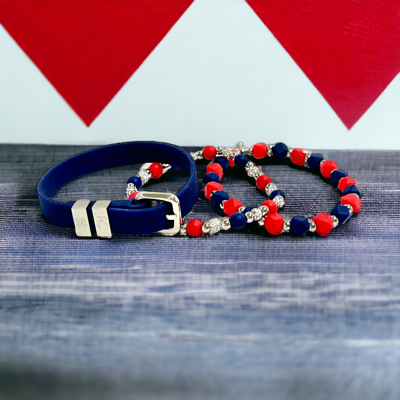 *Hexagon Bracelet - Red and Navy with Silver